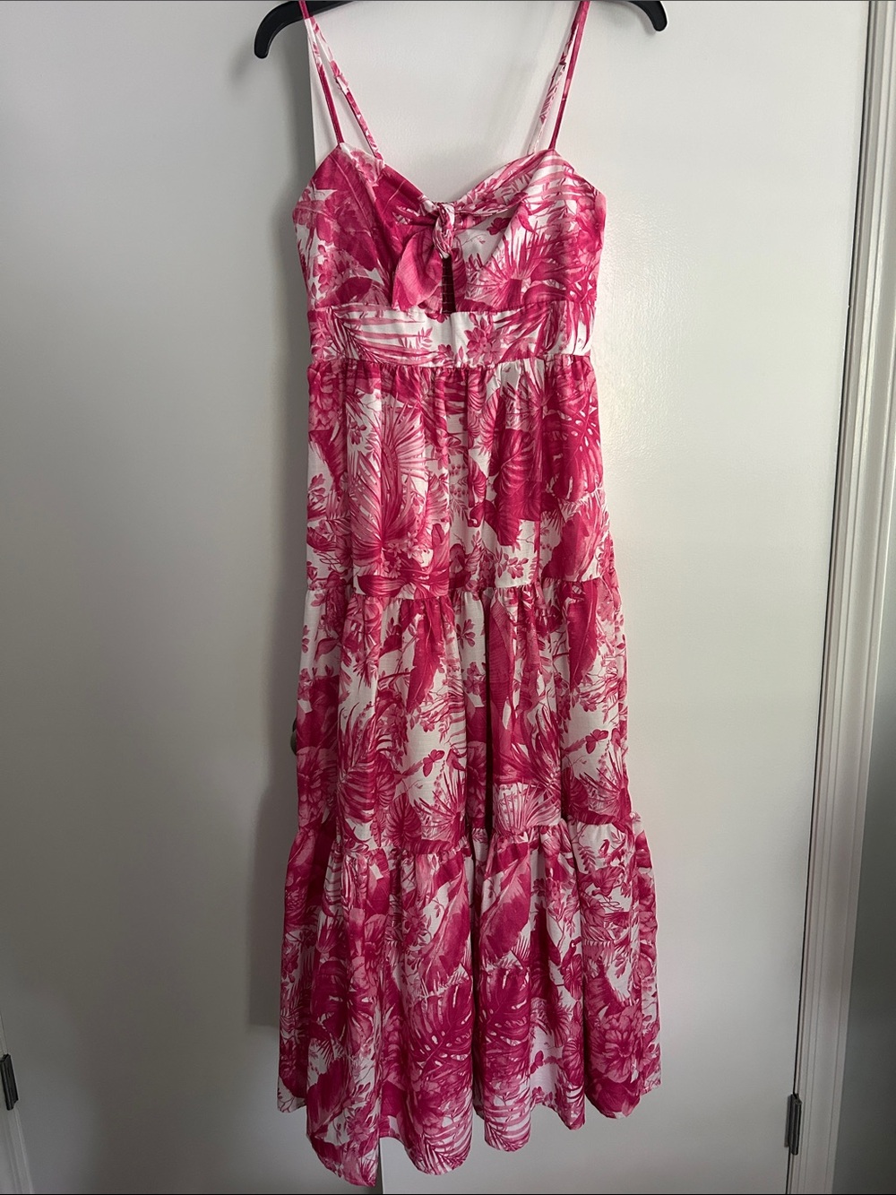 Bloomingdale’s Aqua Pink toile Floral Tiered Maxi Dress - size S small - NWOT